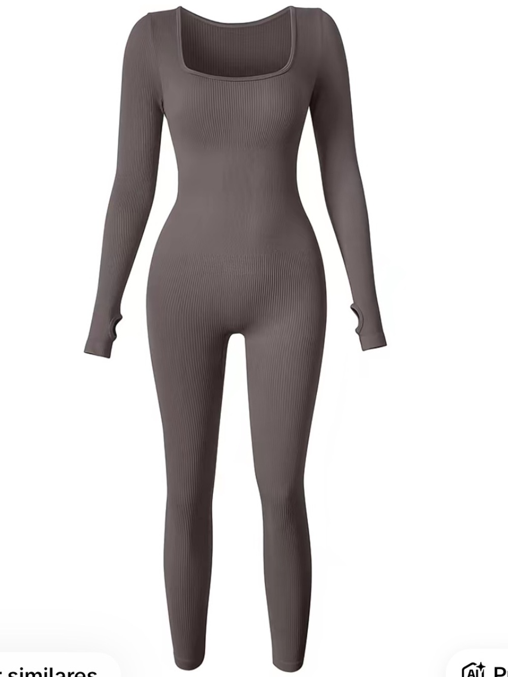Sleek Ribbed Square-Neck Long-Sleeve Jumpsuit - Taupe